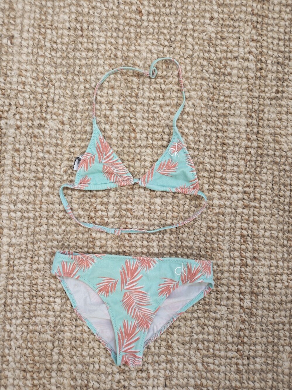 Calvin Klein Mint Green and Coral Palm Print Kids Bikini